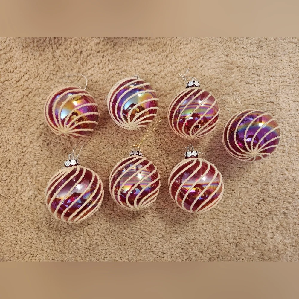 Carnival Art‎ Blown Glass Christmas Ball Ornaments Red Swirl White Set Of 7 READ